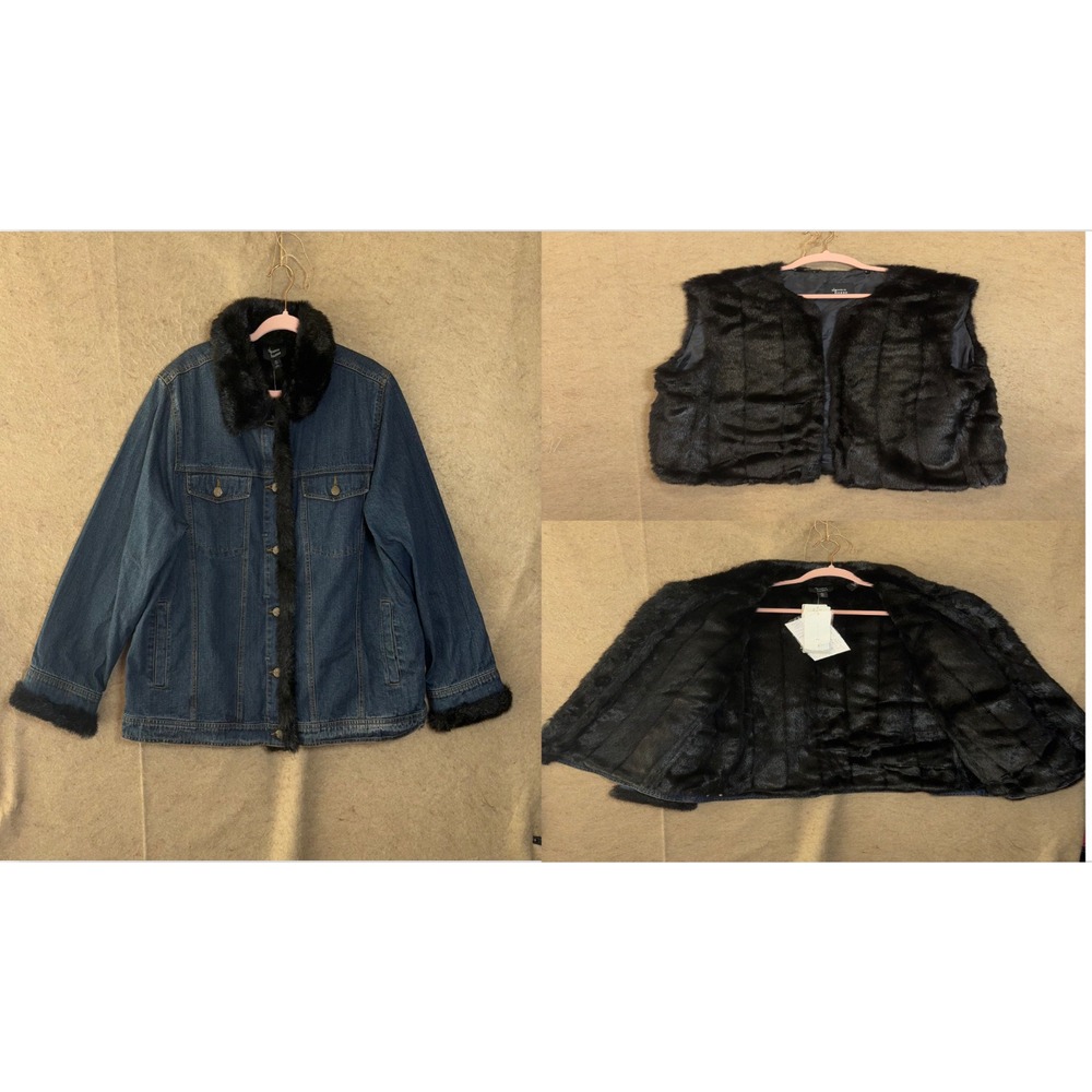 Dennis Basso Denim Jacket Vest Womens 1X Blue Removable Faux Fur Lining Vest NWT